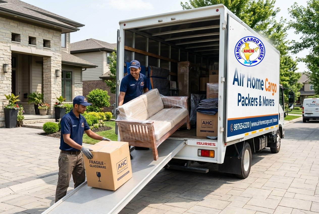Air Home Cargo professional crew loading furniture into container truck in Indore